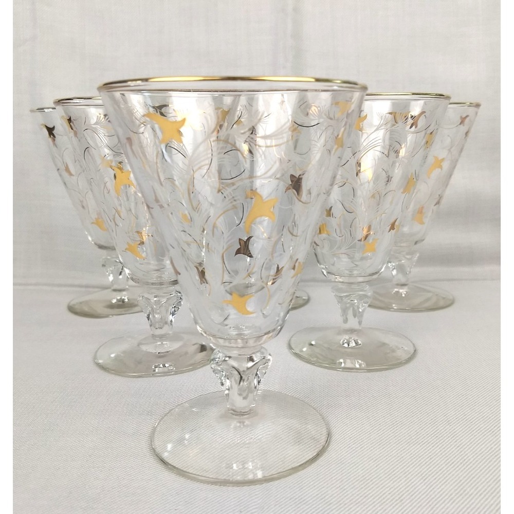 Vtg Libbey Royal Fern Glasses Fleur-De-Lis MCM Clear Goblet 22K Gold Rim Set/6‎